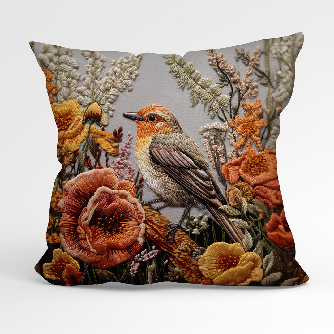 Sumptuous Autumn Robin Embroidered Look Upholstery Velvet Reversible Cushion