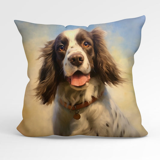 Soft Upholstery Velvet Handmade Reversible Cushion, The Spaniel with Reverse Crushed Velvet in Denim Blue