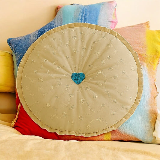 Cottage Style Round Filled Cushion Handmade Luxurious Ivory Broderie Anglaise with Turquoise Sparkle Button-Chair/Stool Pad  Comfy & Quirky NEW!